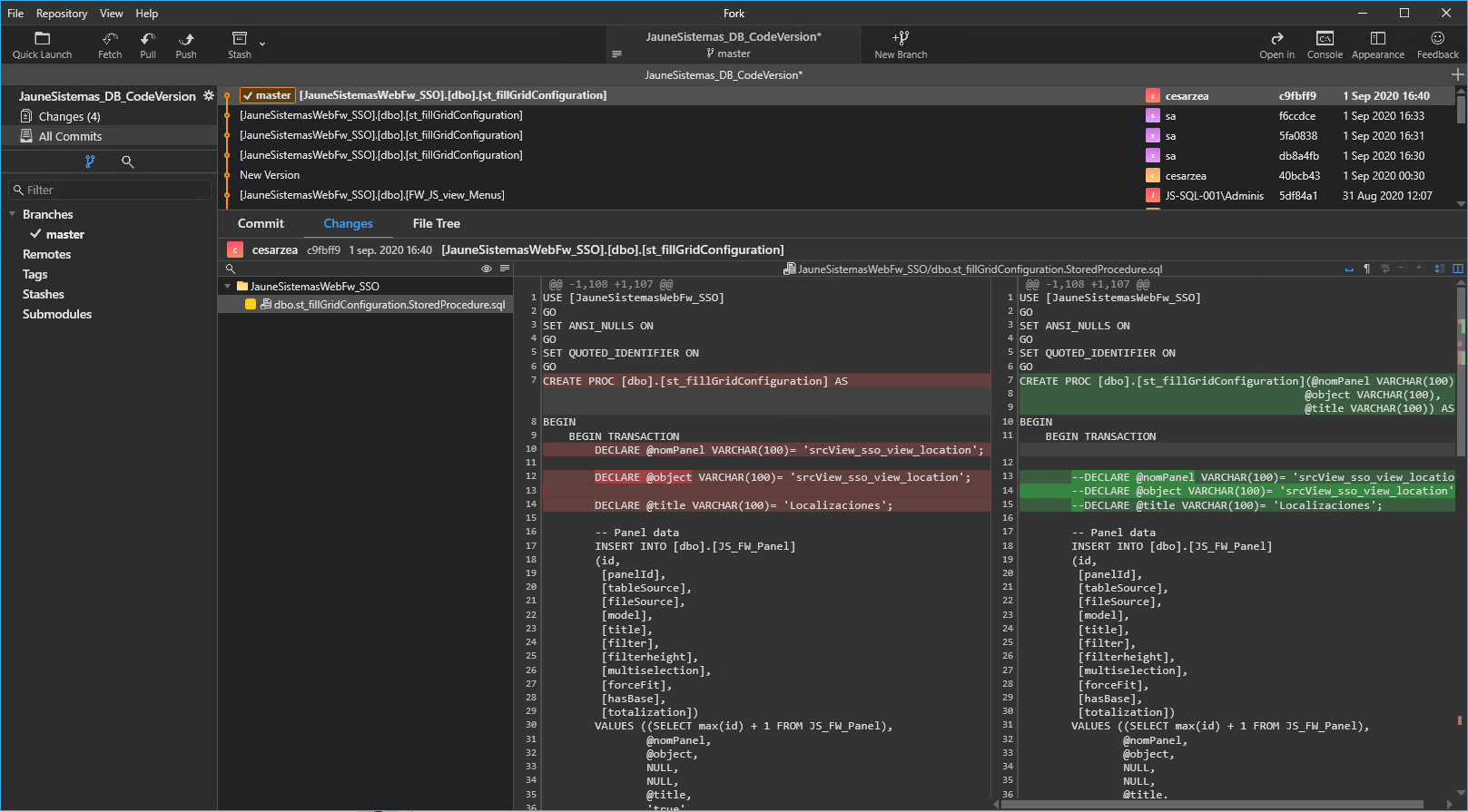 Schema history and a stored-procedure diff, viewed in Fork.